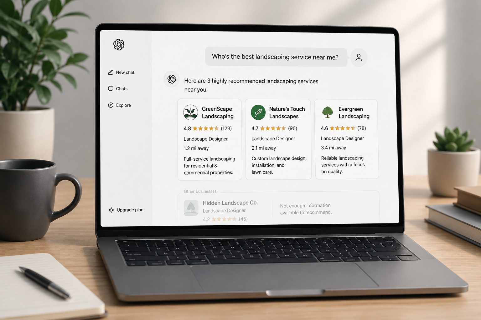 An illustration of an AI assistant recommending three local landscaping companies, with a fourth listed below as having too little information to recommend.